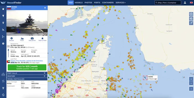 142-метровая суперъяхта «Норд», принадлежащая миллиардеру Алексею Мордашову, по данным сервисов отслеживания морского трафика, вышла из Дубая, прошла через Ормузский пролив и следует в Оман; в этом же районе в те же часы зафиксирован проход нескольких судов под американскими санкциями.