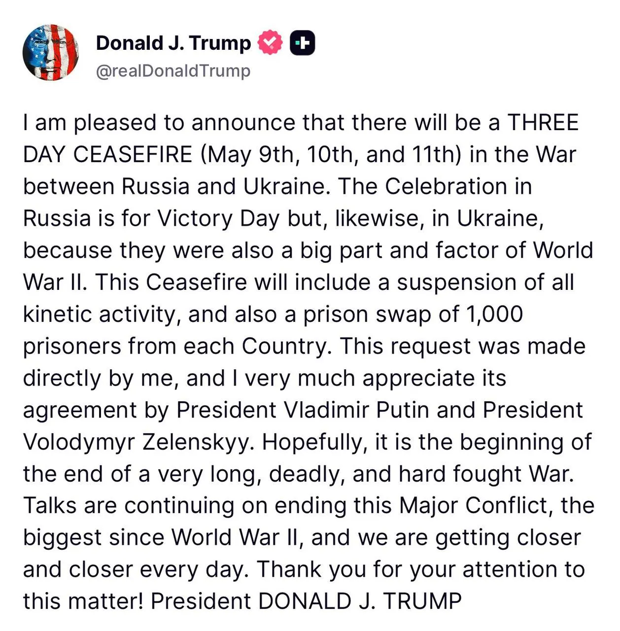Президент США предложил провести обмен военнопленными по формуле 1 000 на 1 000 в рамках трёхдневного прекращения огня, которое должно действовать 9–11 мая.