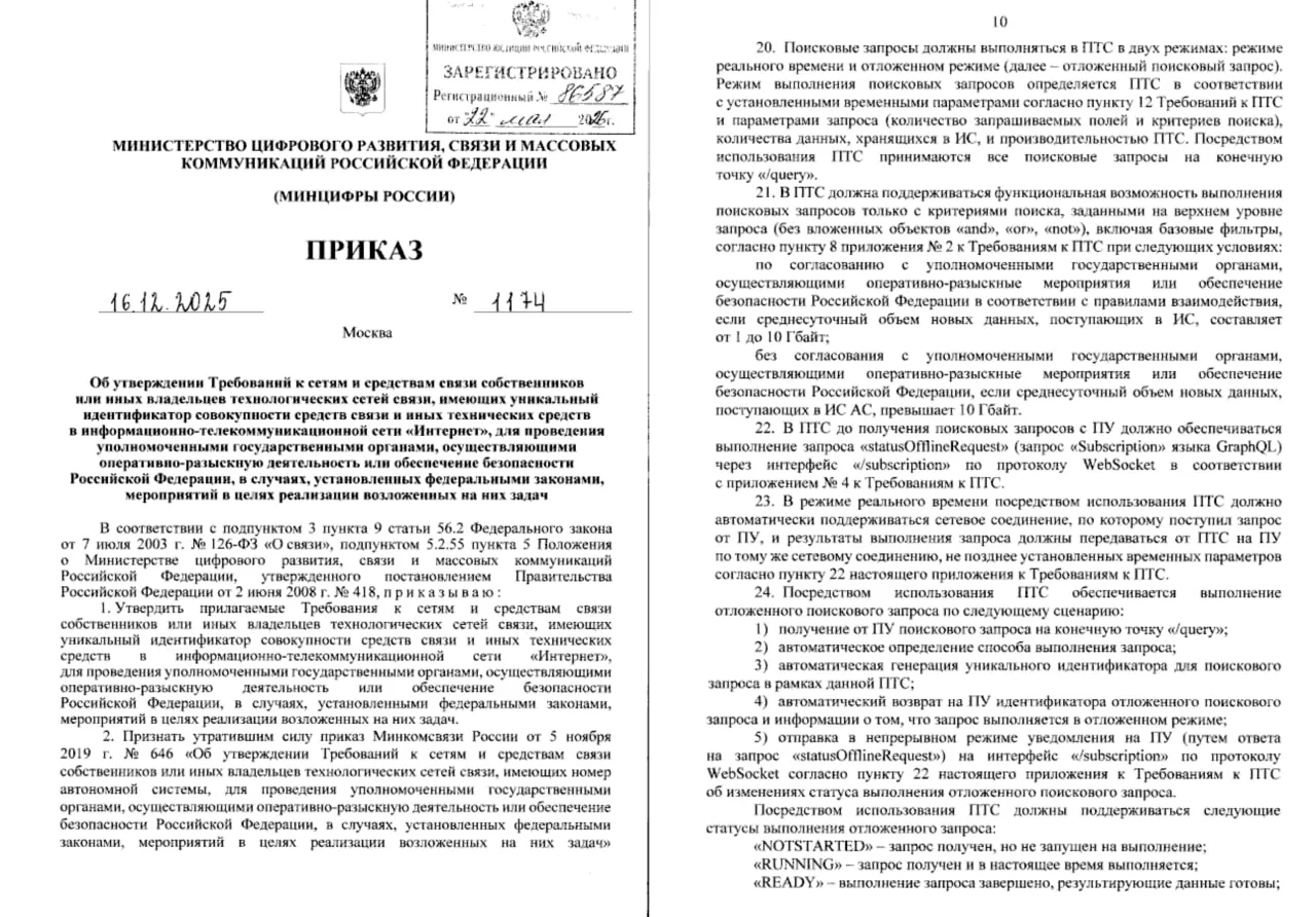 Новый приказ Минцифры №1174 обязывает операторов сетей и интернет‑сервисы передавать силовым ведомствам IP, логины, IMEI, метаданные и при возможности содержимое сообщений; документ вступает в силу 3 июня.