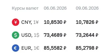 Официальный курс валют на 9 июня: доллар 73,26 ₽, евро 85,28 ₽, юань 10,78 ₽. Центробанк зафиксировал снижение котировок.