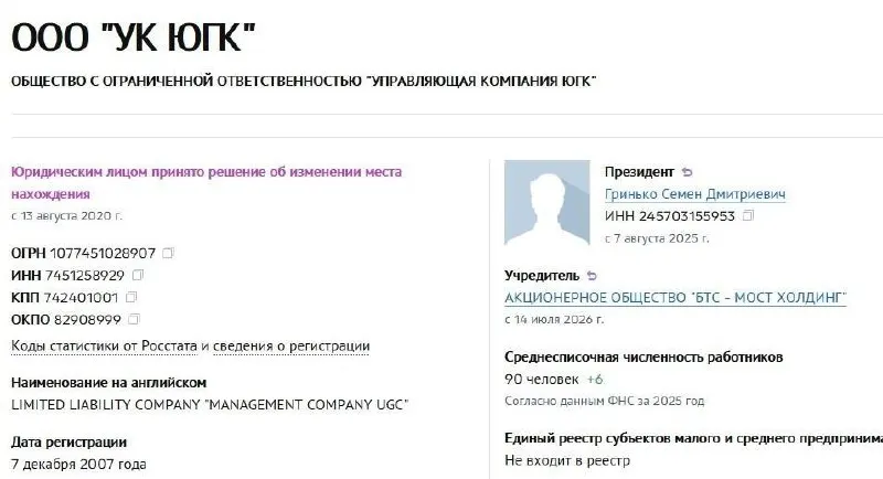 АО «БТС‑Мост Холдинг» приобрело управление холдингом ЮГК — активы, национализированные год назад, были проданы с аукциона; победитель заплатил 93,16 млрд рублей.