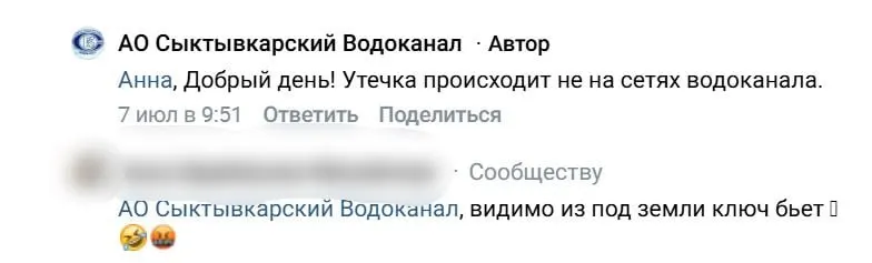 Водоканал Сыктывкара сообщил, что текущая струя на улице Морозова в районе Давпон не связана с их коммуникациями; источник воды устанавливают.